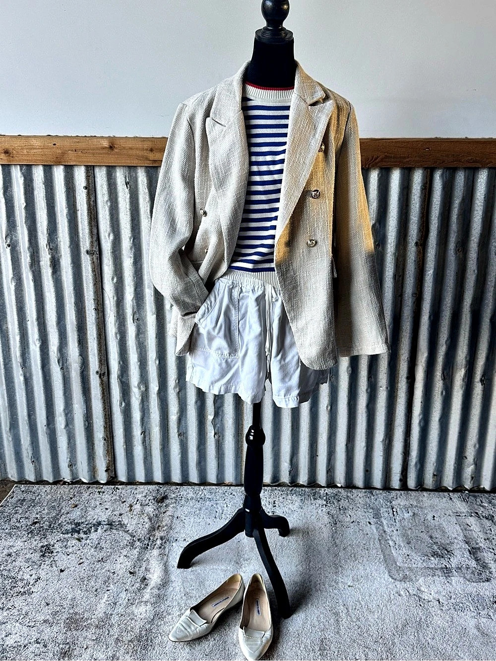 Cream Tweed Double Breasted Gold Button Blazer and Blue Striped Sweater